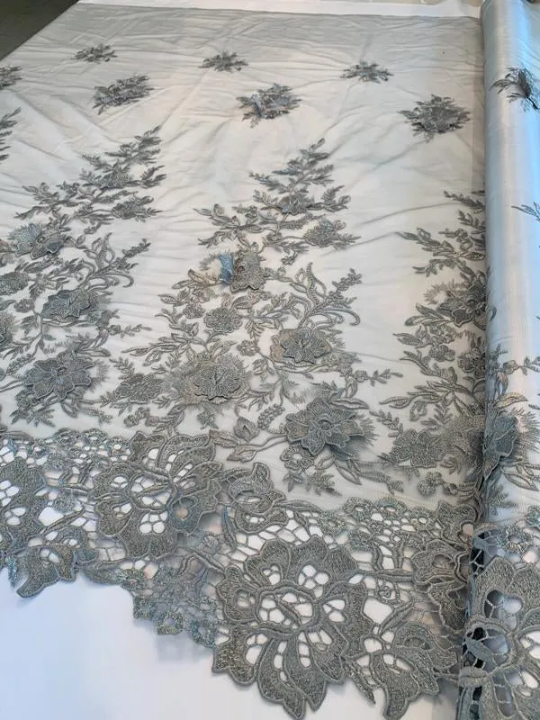 3-Dimensional Floral Border Pattern Novelty Embroidered Tulle - Grey / Silver