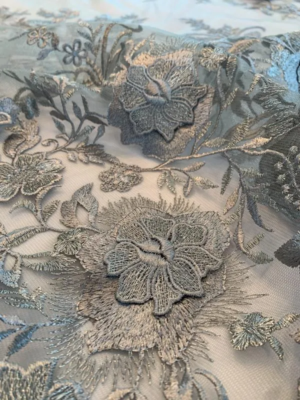 3-Dimensional Floral Border Pattern Novelty Embroidered Tulle - Grey / Silver