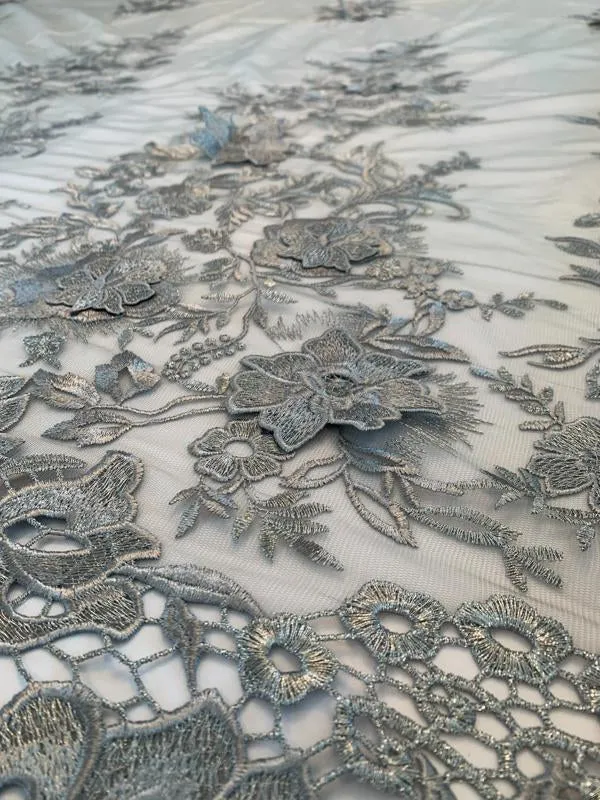 3-Dimensional Floral Border Pattern Novelty Embroidered Tulle - Grey / Silver