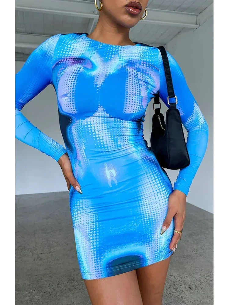 3d Body Printed Bodycon Dress Casual for Women Fall 2023 Fashion Long Sleeve Short Dresses Female Clothing C74-BH22