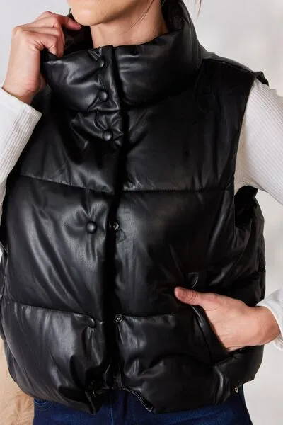 A Touch of Edge Black Faux Leather Snap and Zip Closure Puffer Vest