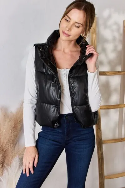 A Touch of Edge Black Faux Leather Snap and Zip Closure Puffer Vest