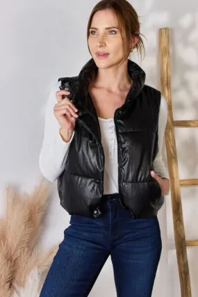 A Touch of Edge Black Faux Leather Snap and Zip Closure Puffer Vest