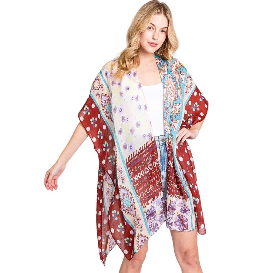 Abstract Paisley Flower Print Kimono Poncho