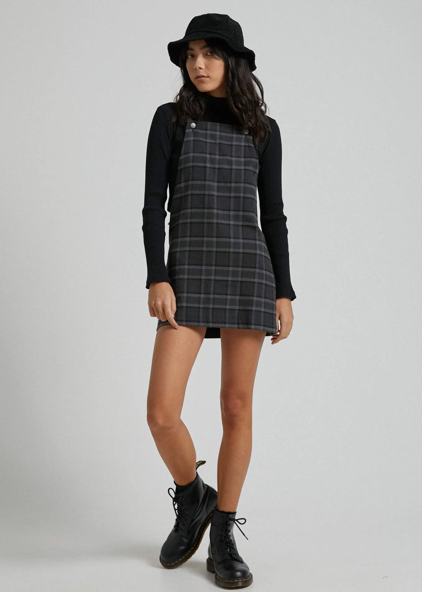 Afends Womens Alice - Hemp Check Pinafore - Gunmetal