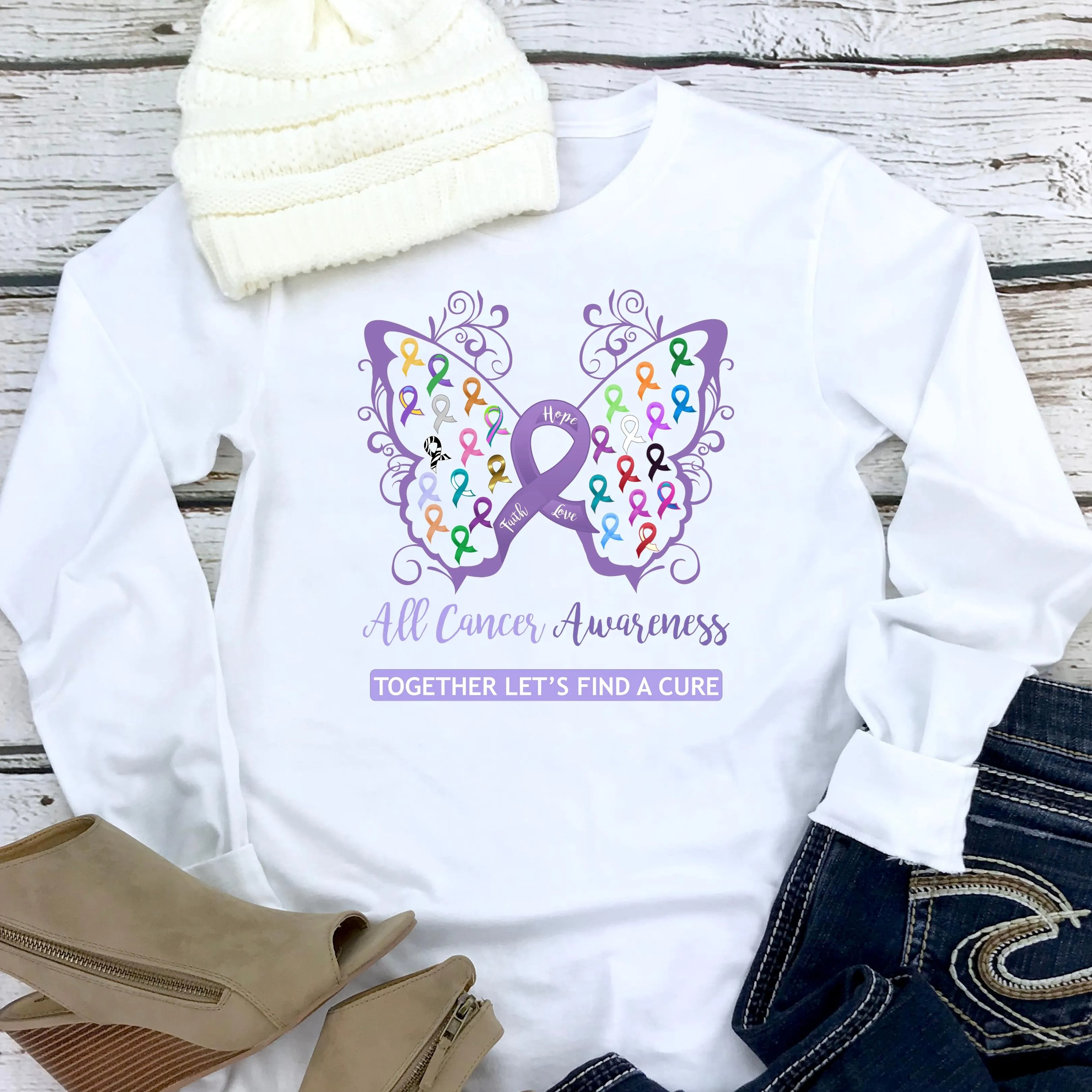 All Cancer Awareness Filigree Butterfly White Long Sleeve Tee