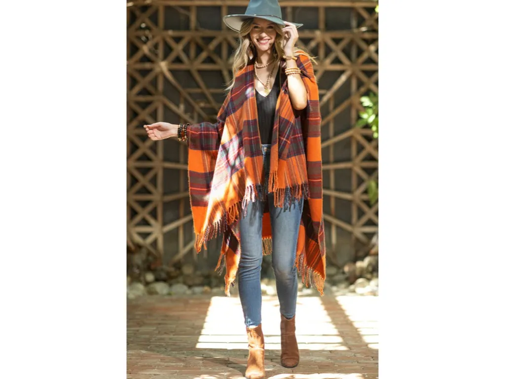 Amber Glow Plaid Fringe Accent Knit Fall Winter Ruana Wrap Open Poncho