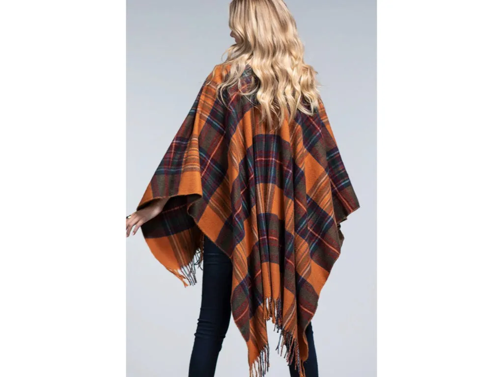 Amber Glow Plaid Fringe Accent Knit Fall Winter Ruana Wrap Open Poncho