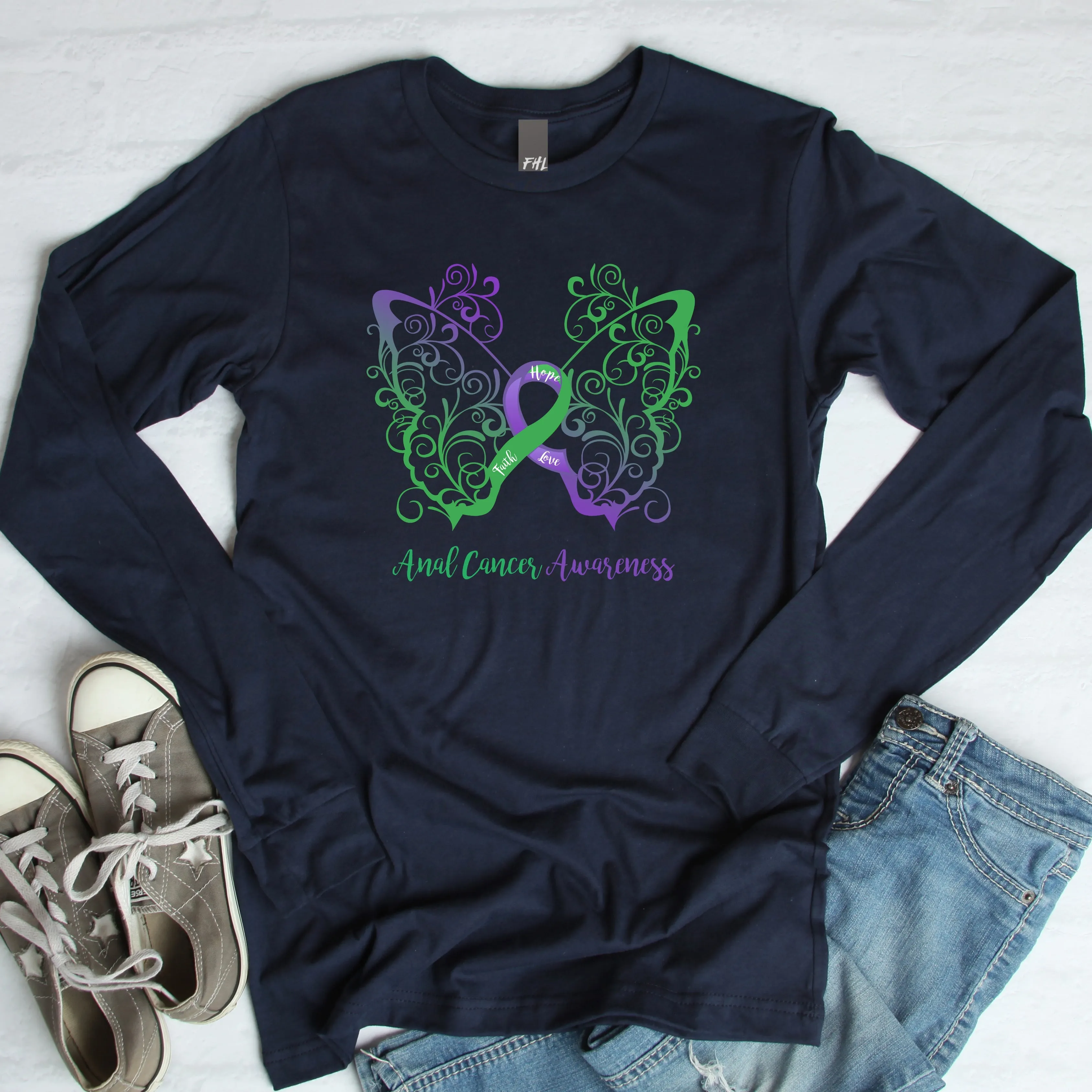 Anal Cancer Awareness Filigree Butterfly Long Sleeve Tee (Several Colors Available)