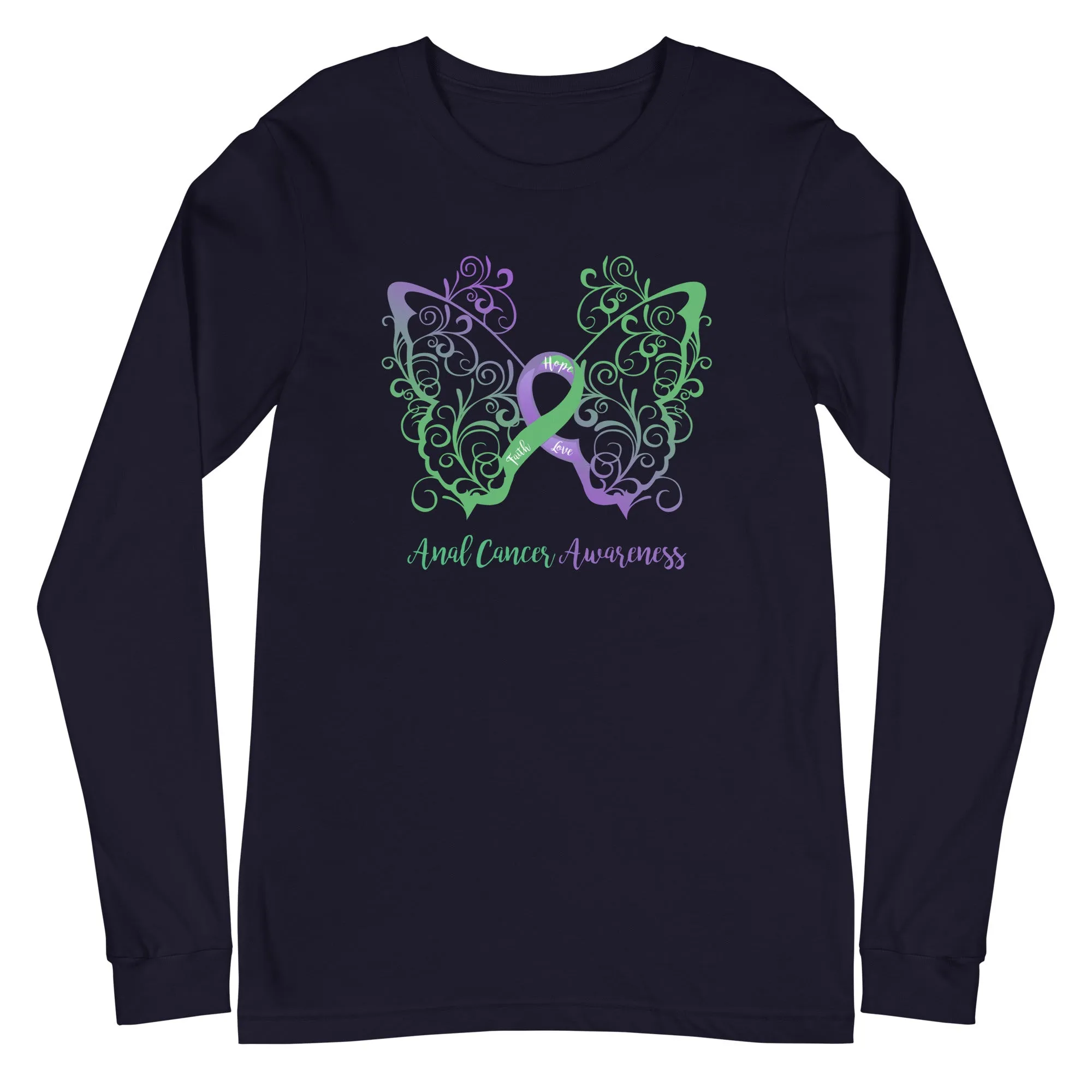 Anal Cancer Awareness Filigree Butterfly Long Sleeve Tee (Several Colors Available)