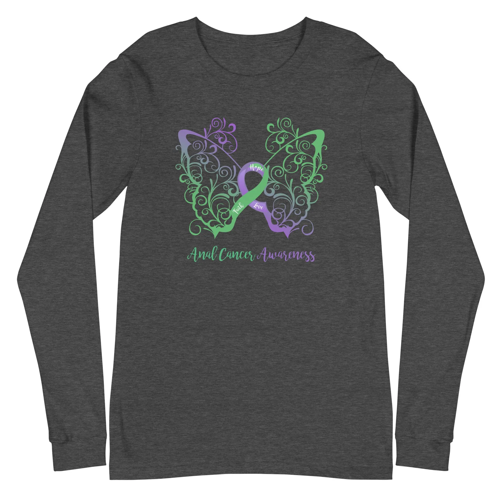 Anal Cancer Awareness Filigree Butterfly Long Sleeve Tee (Several Colors Available)