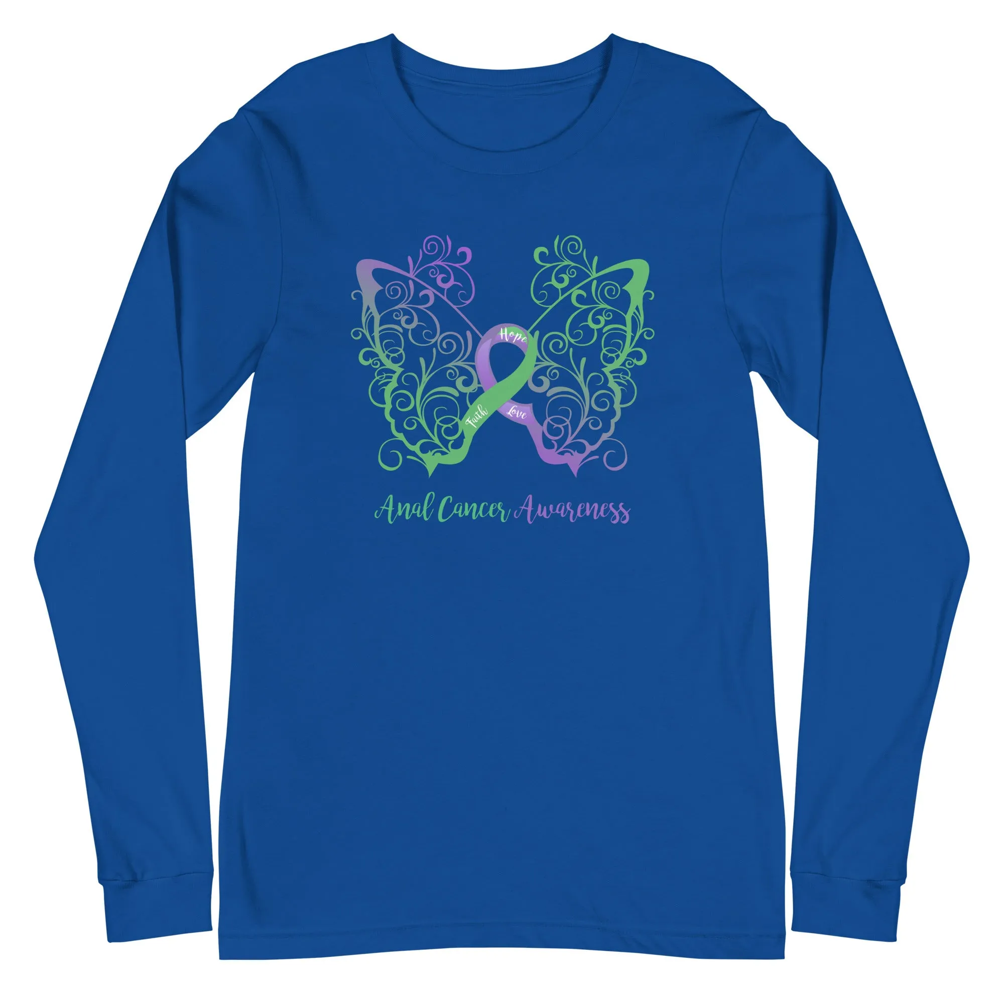 Anal Cancer Awareness Filigree Butterfly Long Sleeve Tee (Several Colors Available)