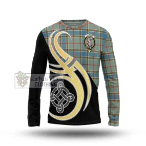 Balfour Blue Tartan Long Sleeve T-Shirt with Family Crest and Celtic Symbol Style