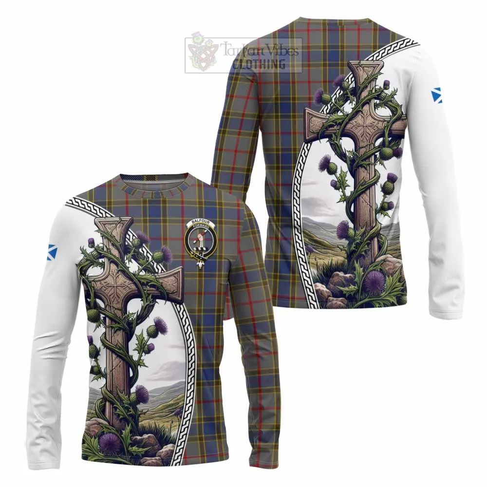 Balfour Tartan Long Sleeve T-Shirt with Family Crest and St. Andrew's Cross Accented by Thistle Vines