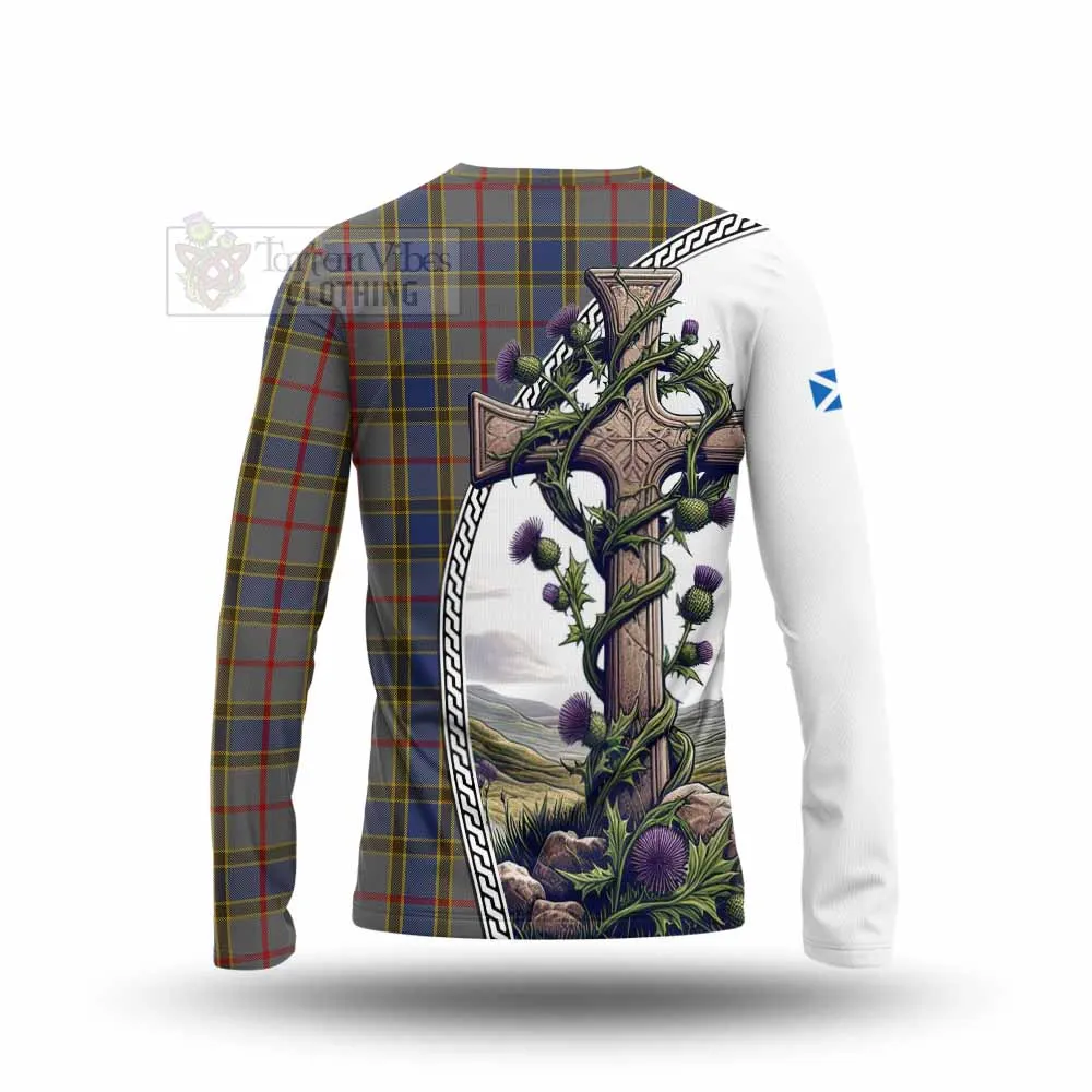 Balfour Tartan Long Sleeve T-Shirt with Family Crest and St. Andrew's Cross Accented by Thistle Vines