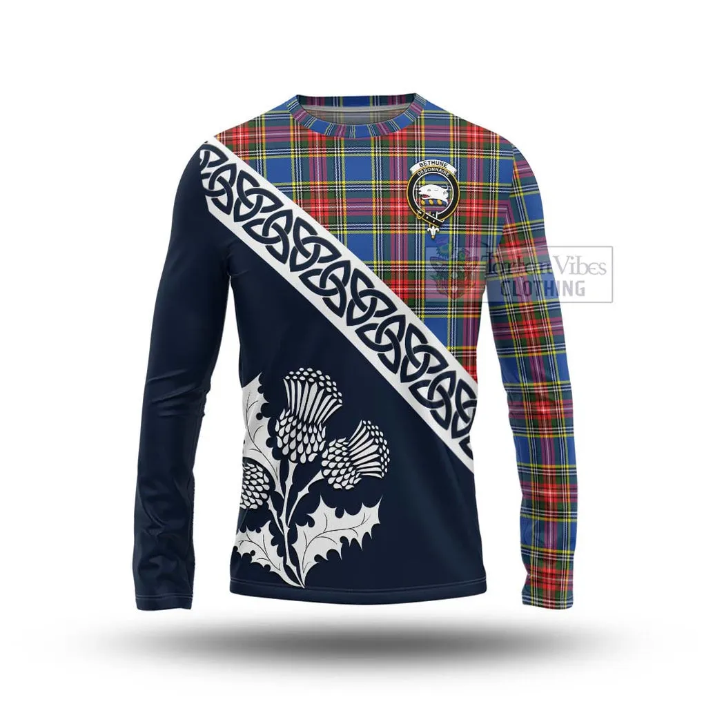 Bethune Tartan Long Sleeve T-Shirt Featuring Thistle and Scotland Map