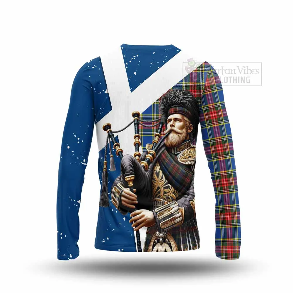 Bethune Tartan Long Sleeve T-Shirt with Family Crest Scottish Bagpiper Vibes