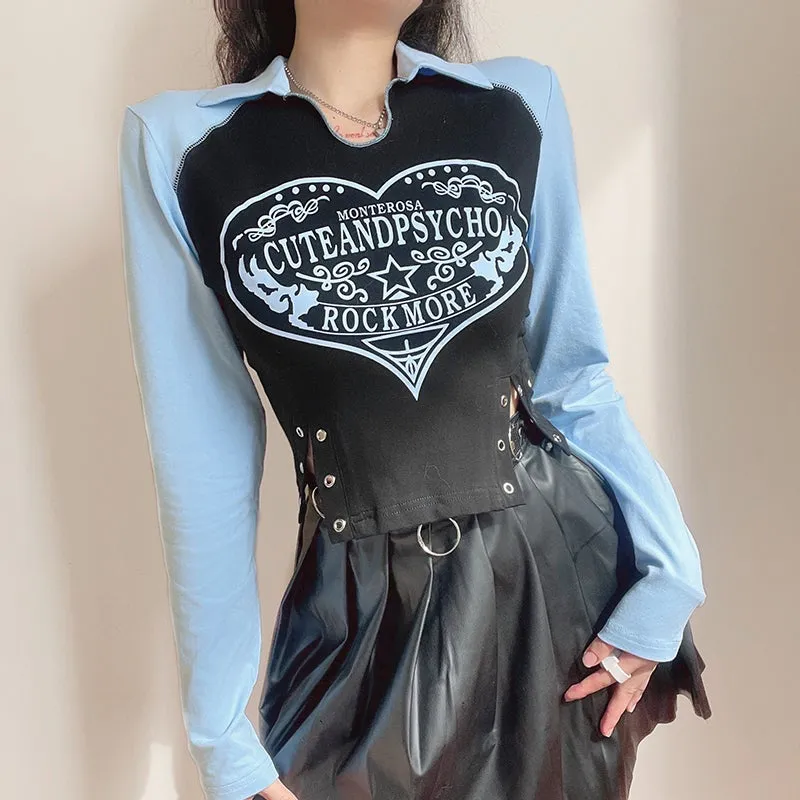 Black And Blue Edgy Heart Print Side Aglets Slim Shirt