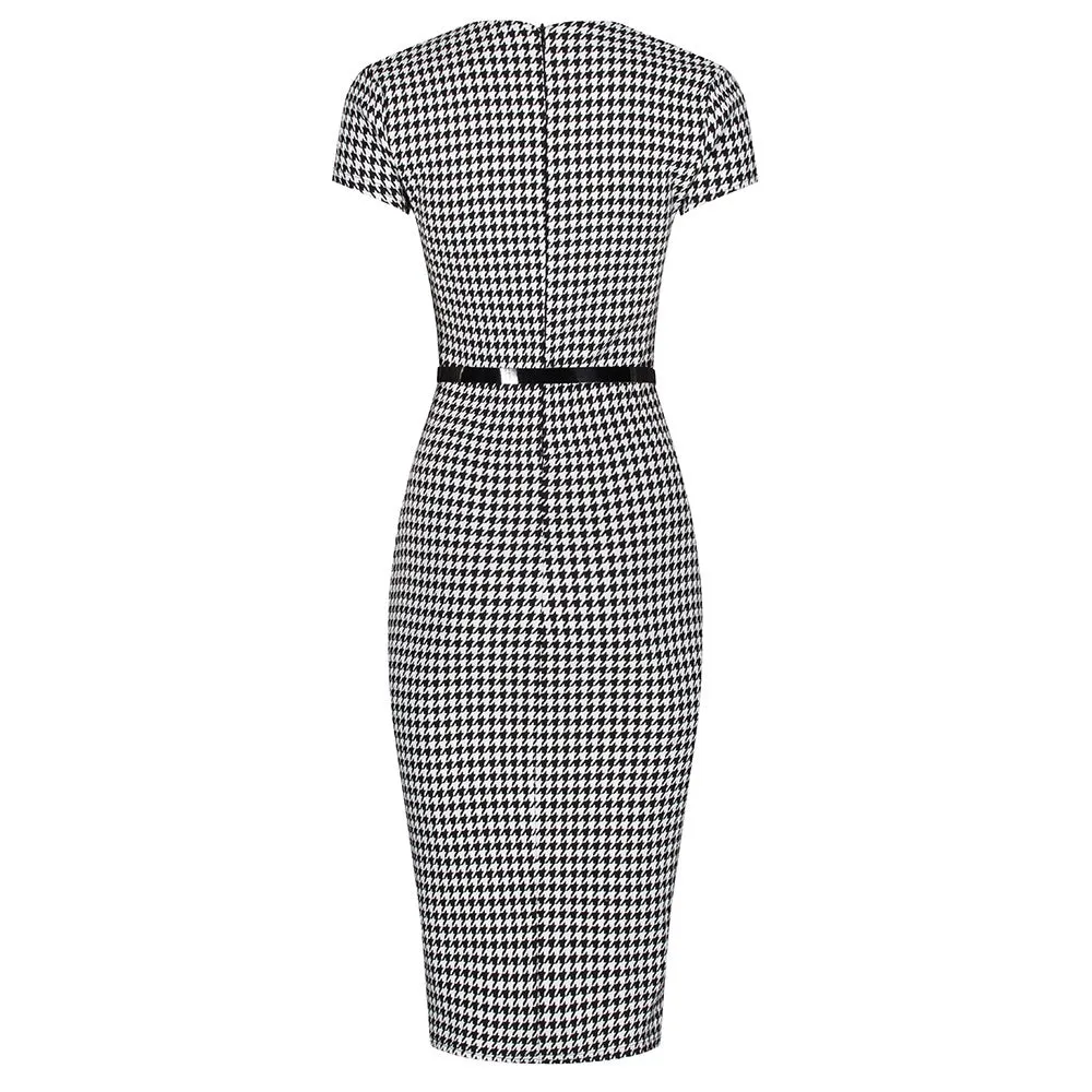 Black And White Dogtooth Check Bodycon Pencil Dress