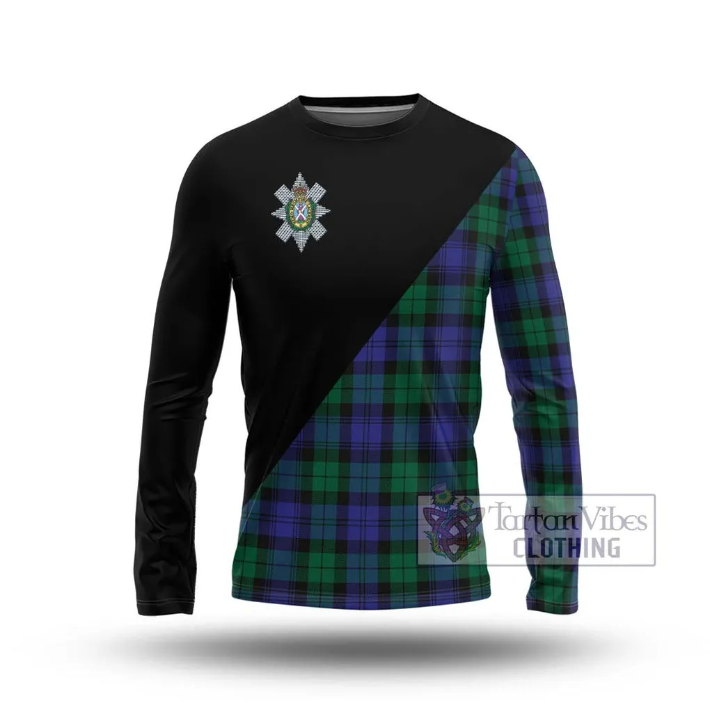 Black Watch Modern Tartan Long Sleeve T-Shirt with Family Crest and Military Logo Style