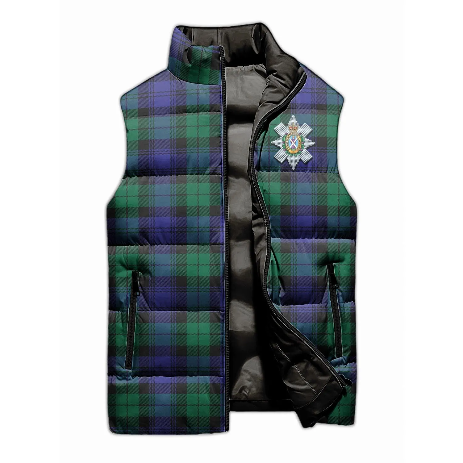 Black Watch Modern Tartan Sleeveless Puffer Jacket with Family Crest