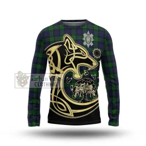 Black Watch Tartan Long Sleeve T-Shirt with Family Crest Celtic Wolf Style