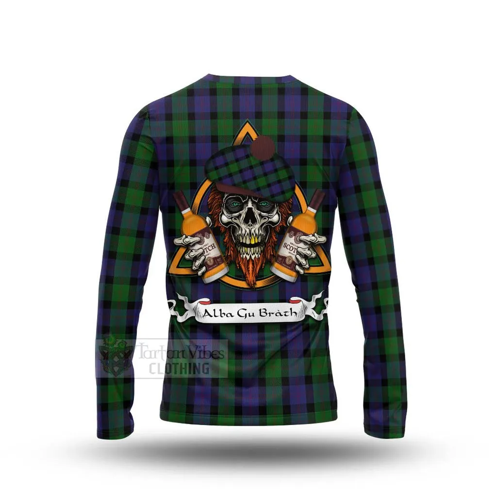 Blair Tartan Long Sleeve T-Shirt with Family Crest and Bearded Skull Holding Bottles of Whiskey