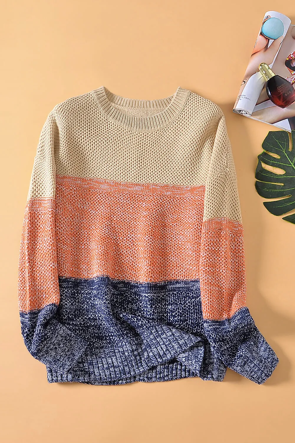 Blue Color Block Netted Texture Pullover Sweater