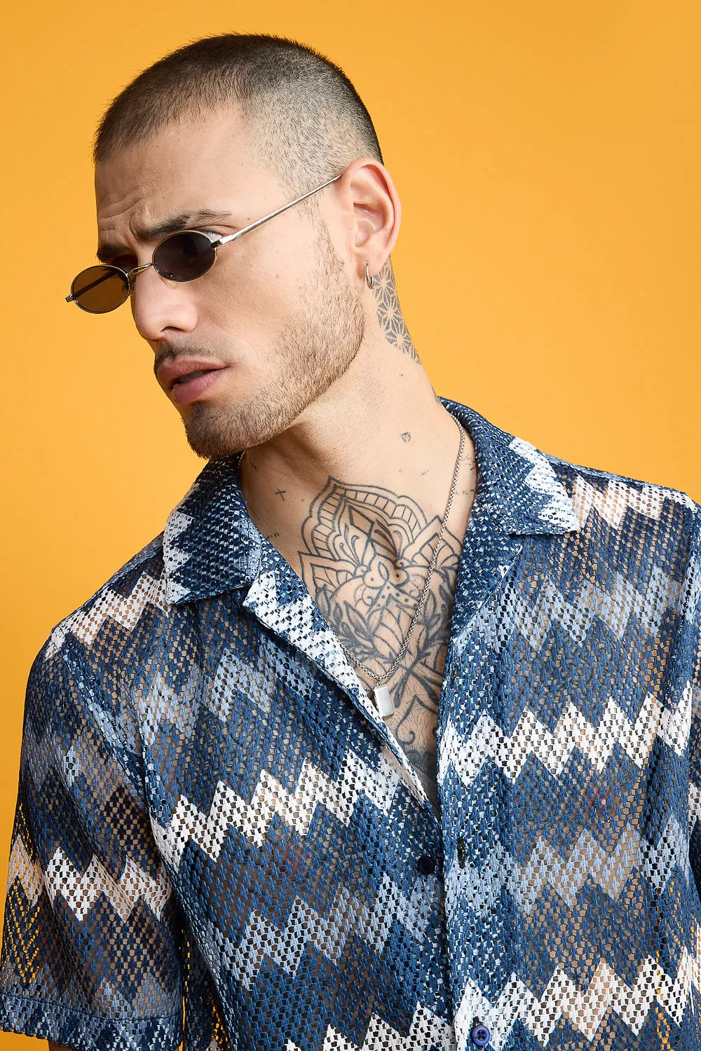 Blue Zig Zag Mesh Shirt