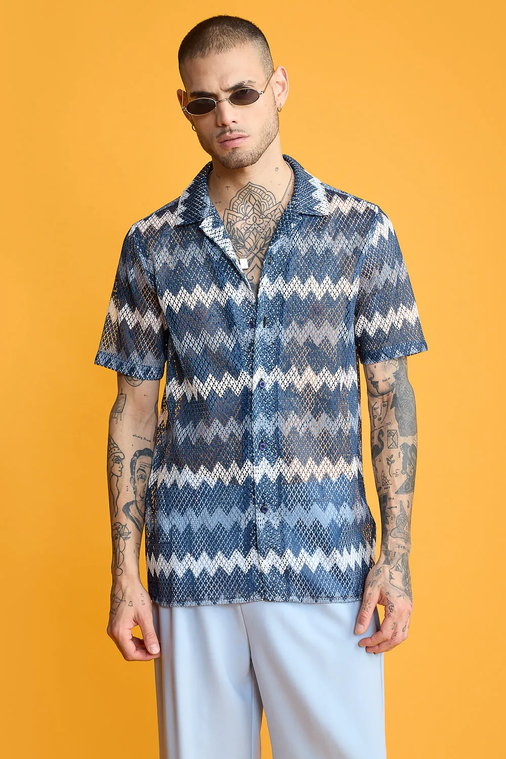 Blue Zig Zag Mesh Shirt