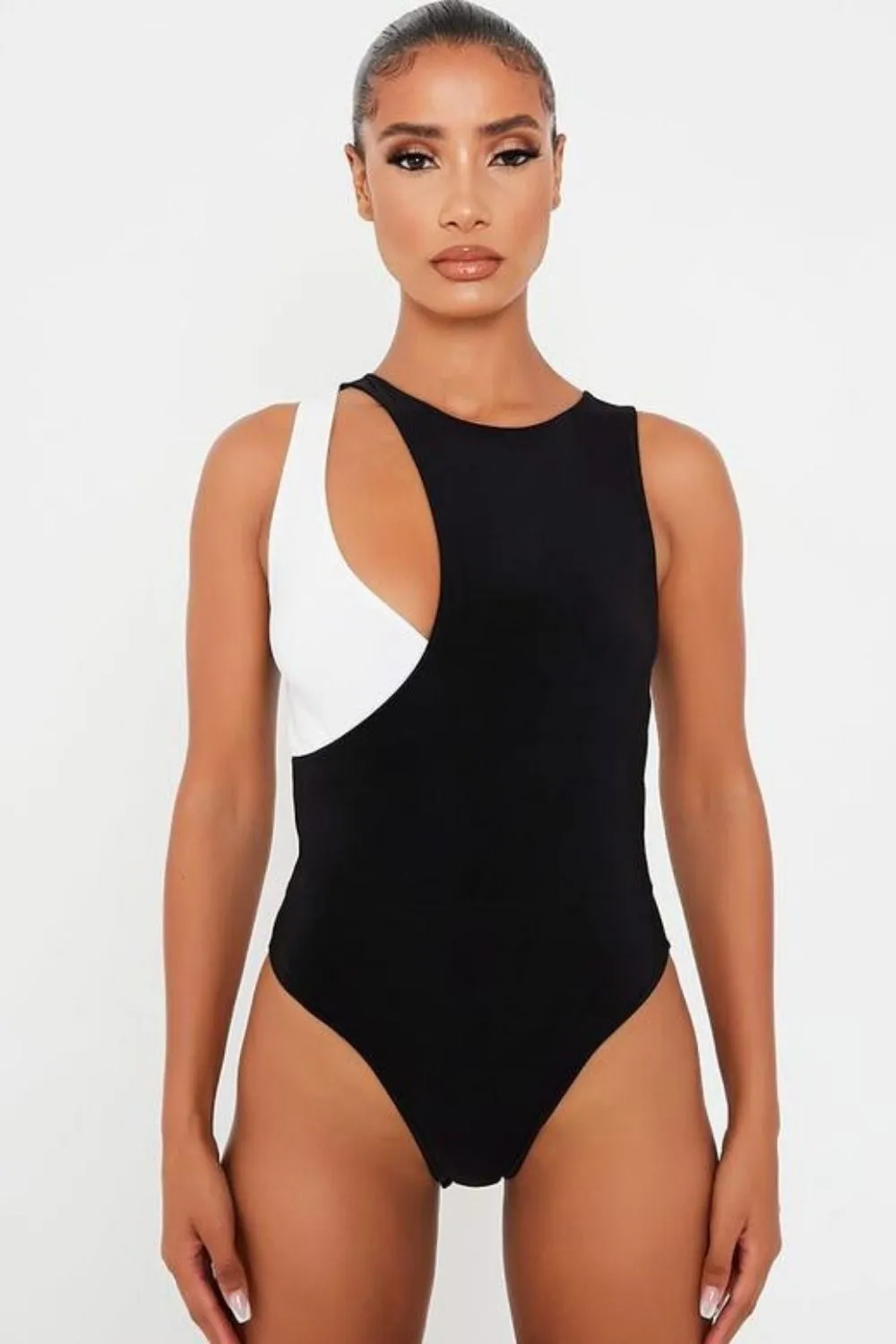 Bodysuit Color Block White And Black Top