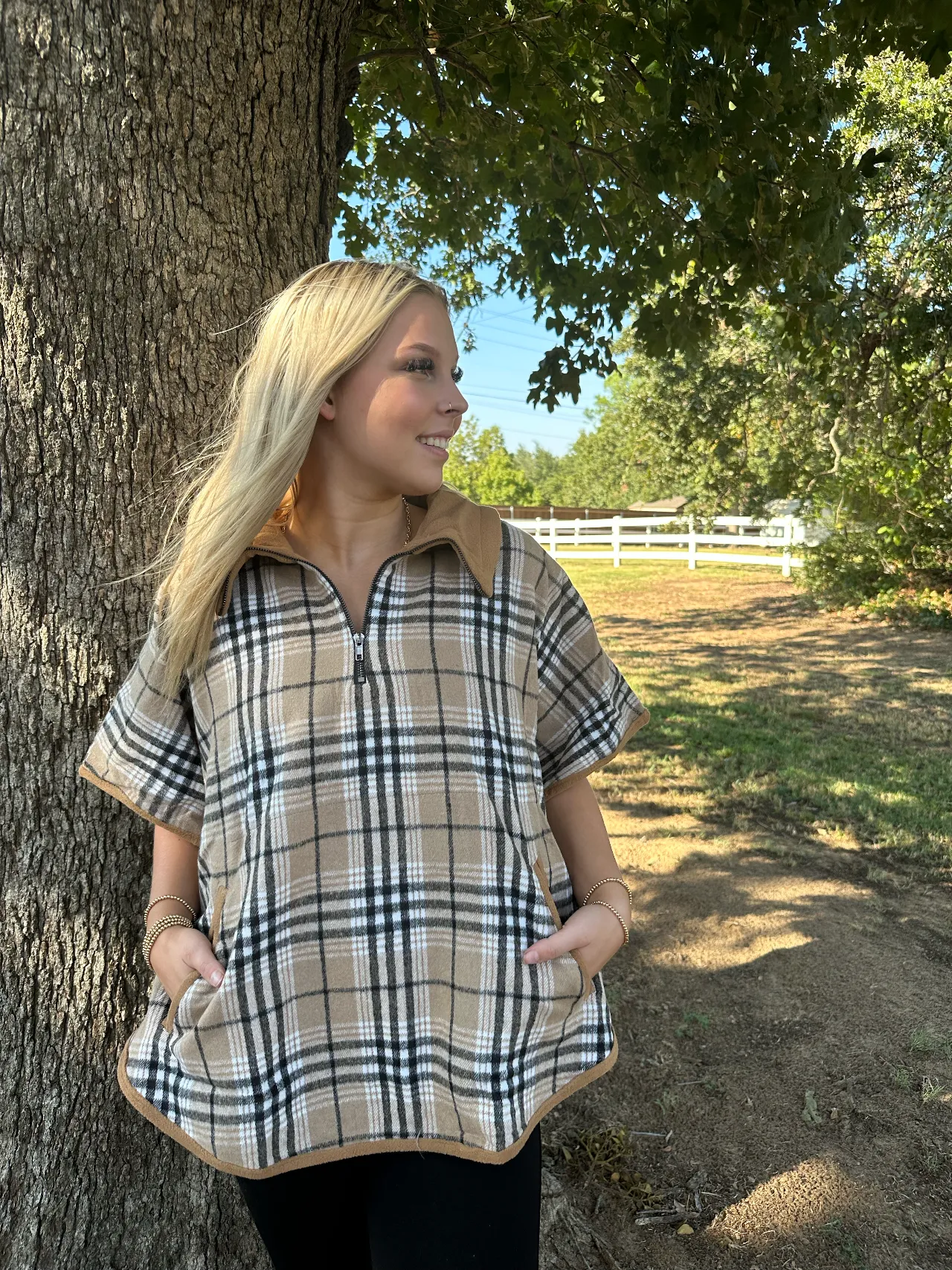 Brushed plaid half zipper pancho