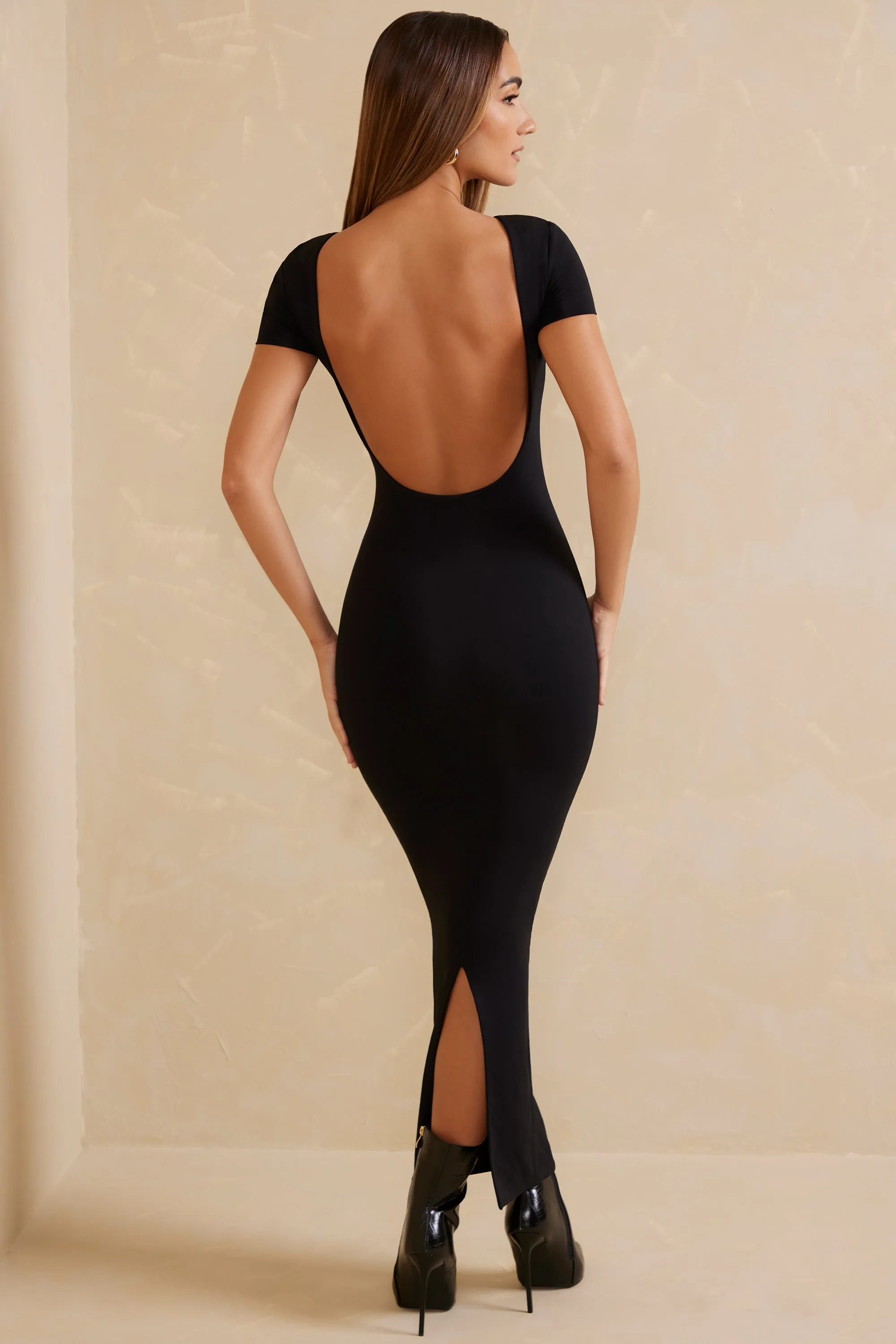 Cap Sleeve Open Back Maxi Dress in Black