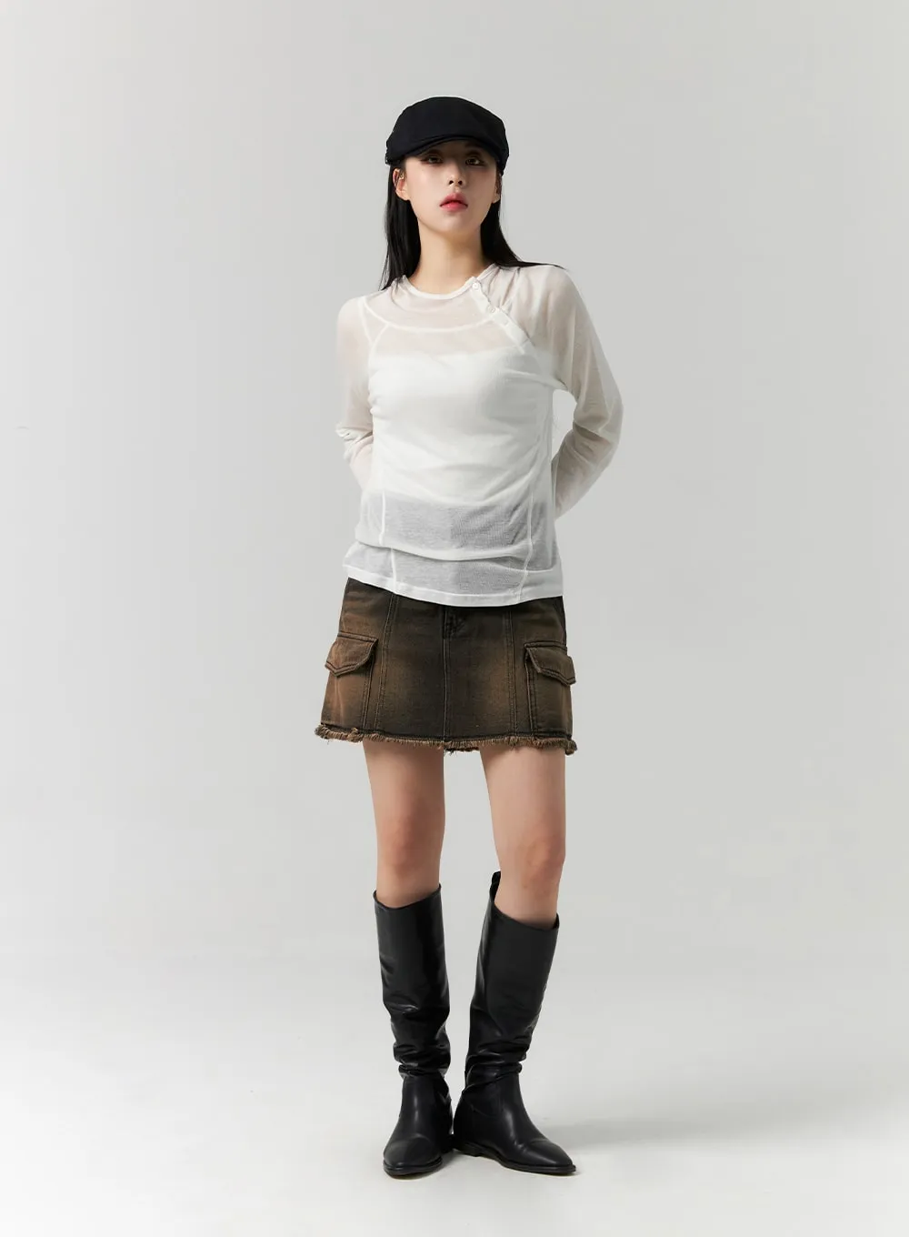 Cargo Washed Denim Mini Skirt CS314