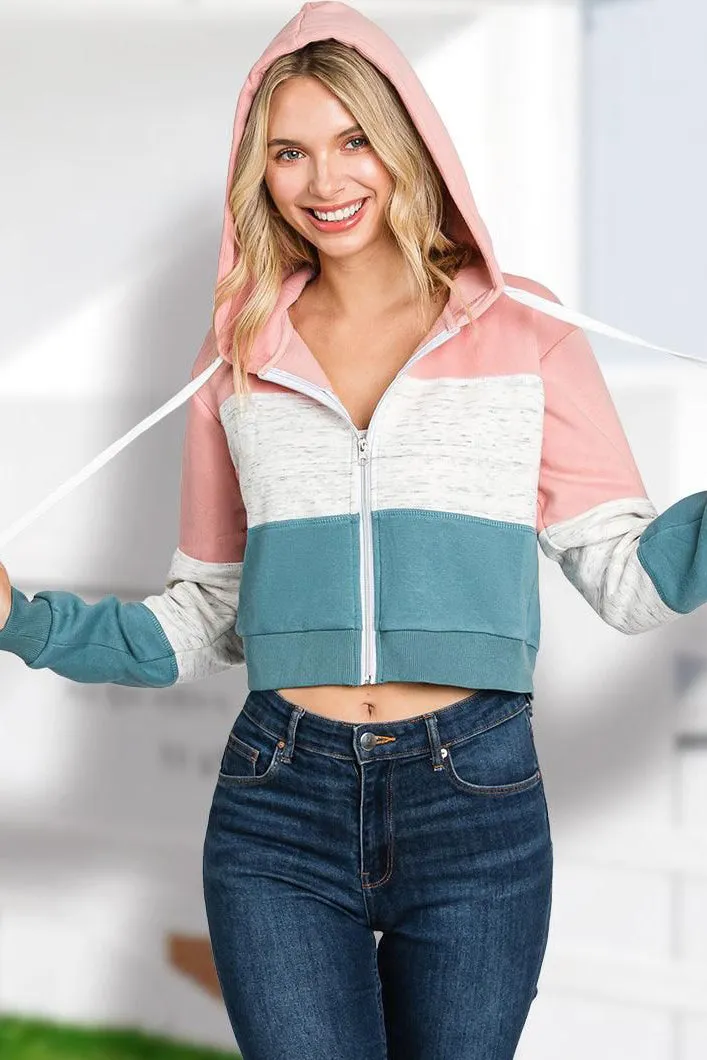 COLOR BLOCK LONG SLEEVE COZY CROP ZIP UP HOODIE