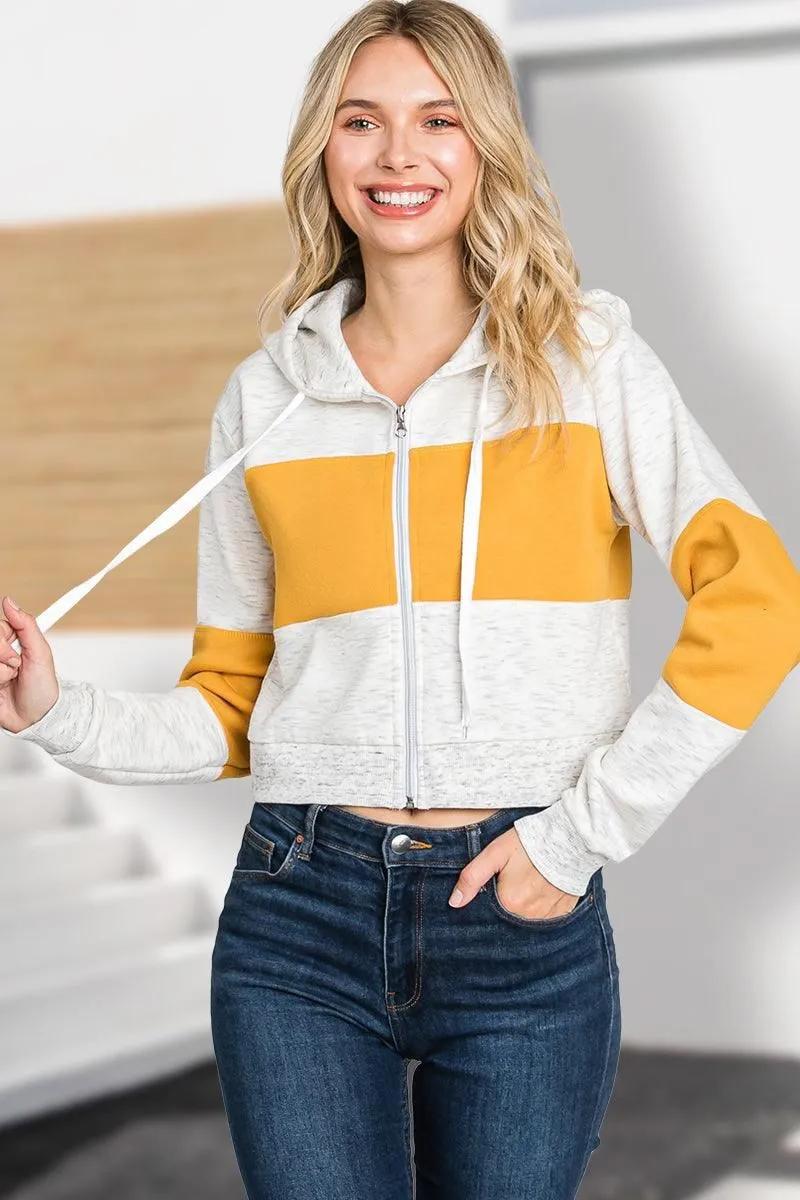 COLOR BLOCK LONG SLEEVE COZY CROP ZIP UP HOODIE