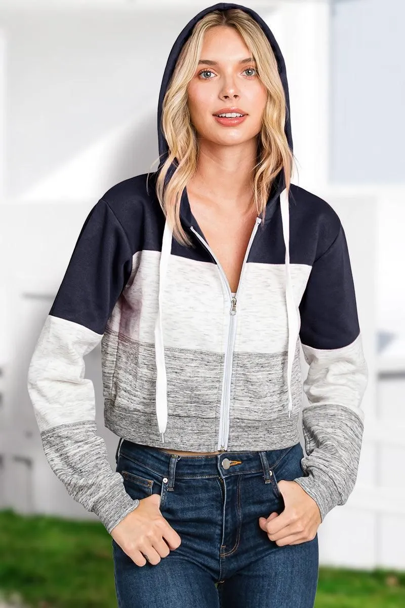 COLOR BLOCK LONG SLEEVE COZY CROP ZIP UP HOODIE