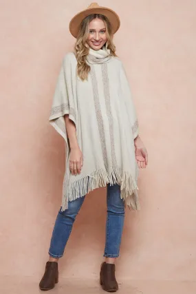 Cowl Neck Sweater Fringed Hem Poncho with Lurex Yarn