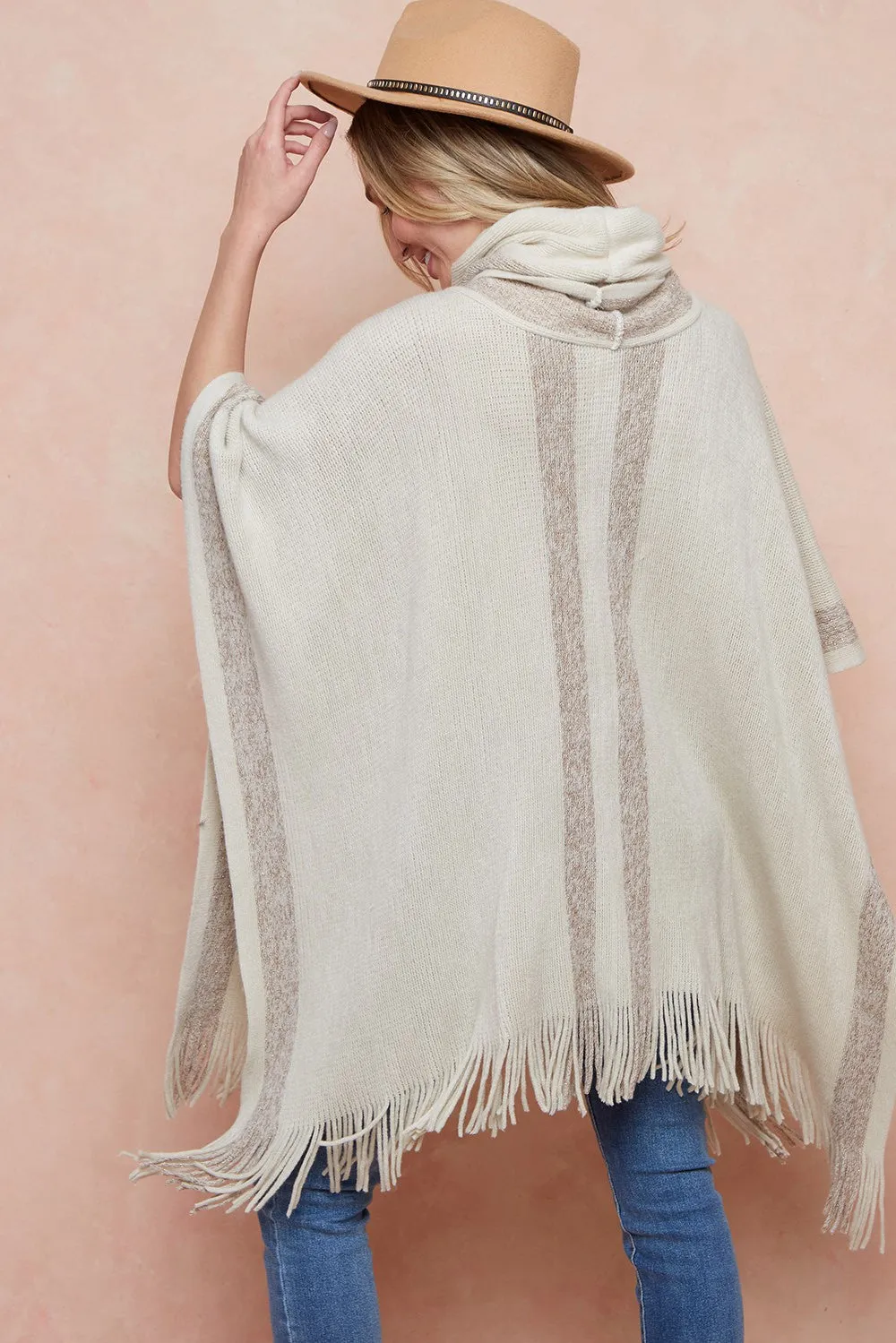 Cowl Neck Sweater Fringed Hem Poncho with Lurex Yarn