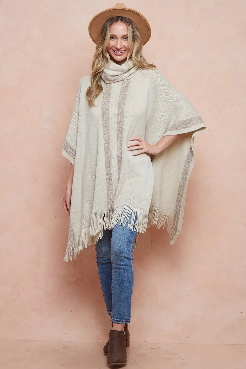 Cowl Neck Sweater Fringed Hem Poncho with Lurex Yarn