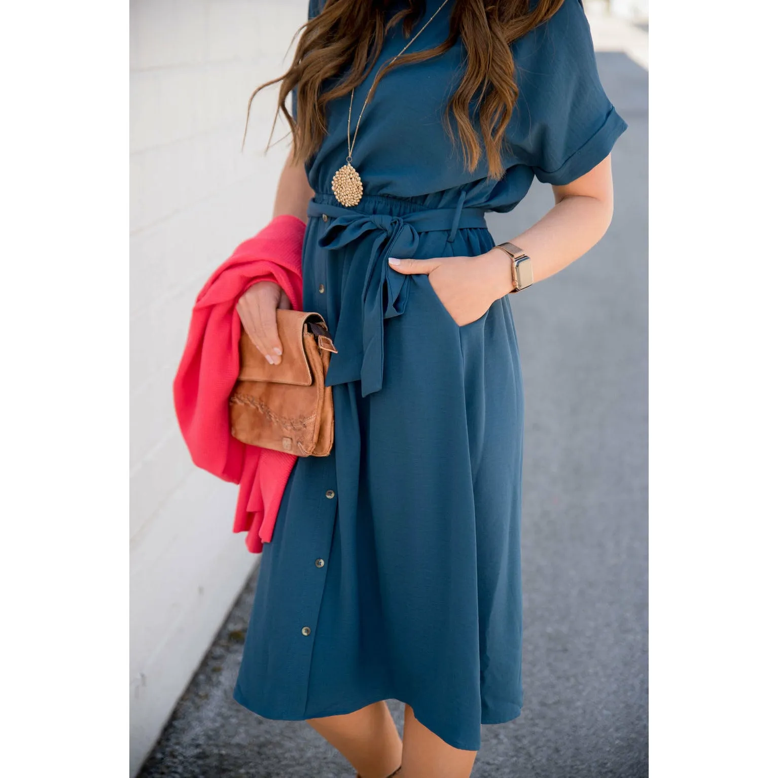 Cuffed Sleeve Tie Button Dress