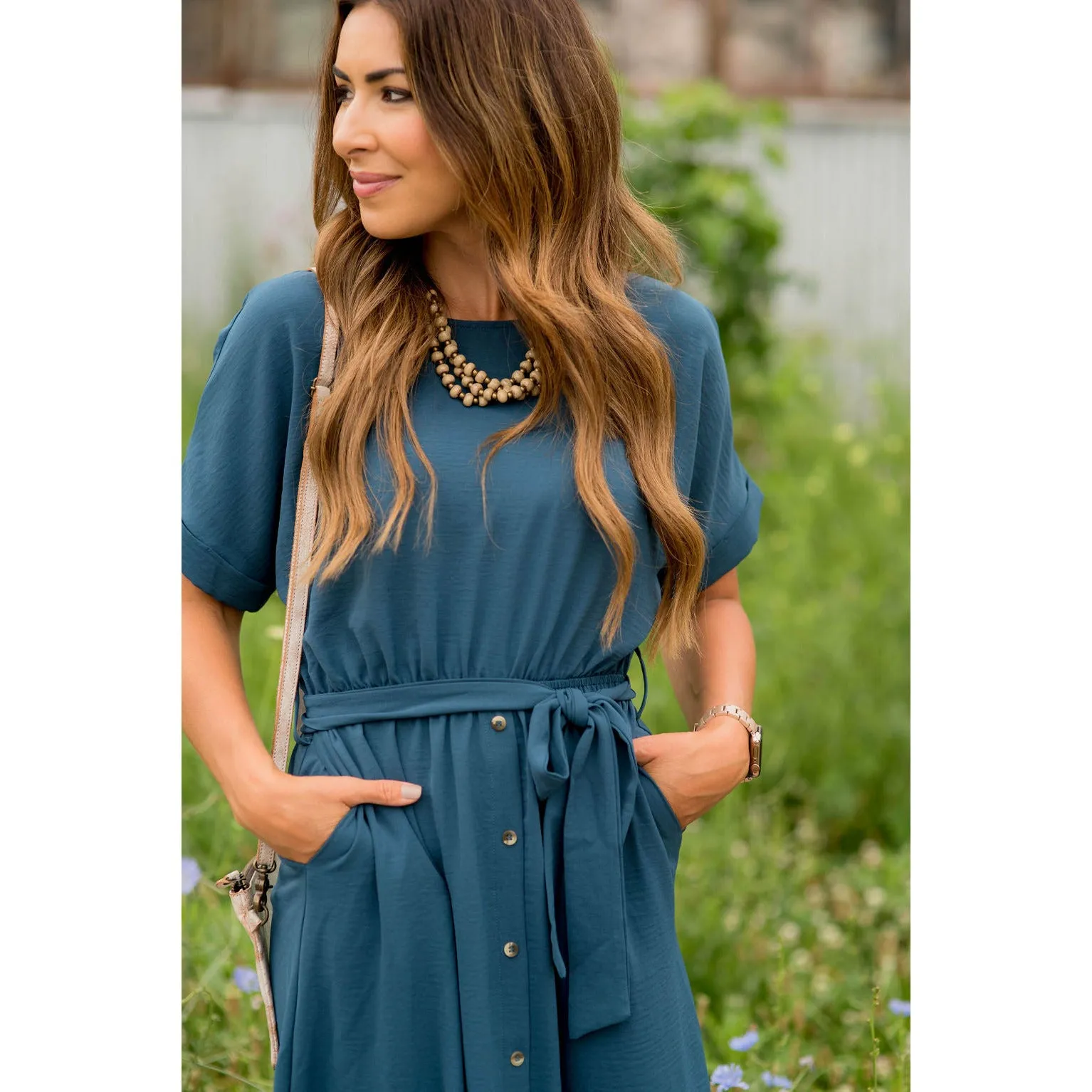 Cuffed Sleeve Tie Button Dress