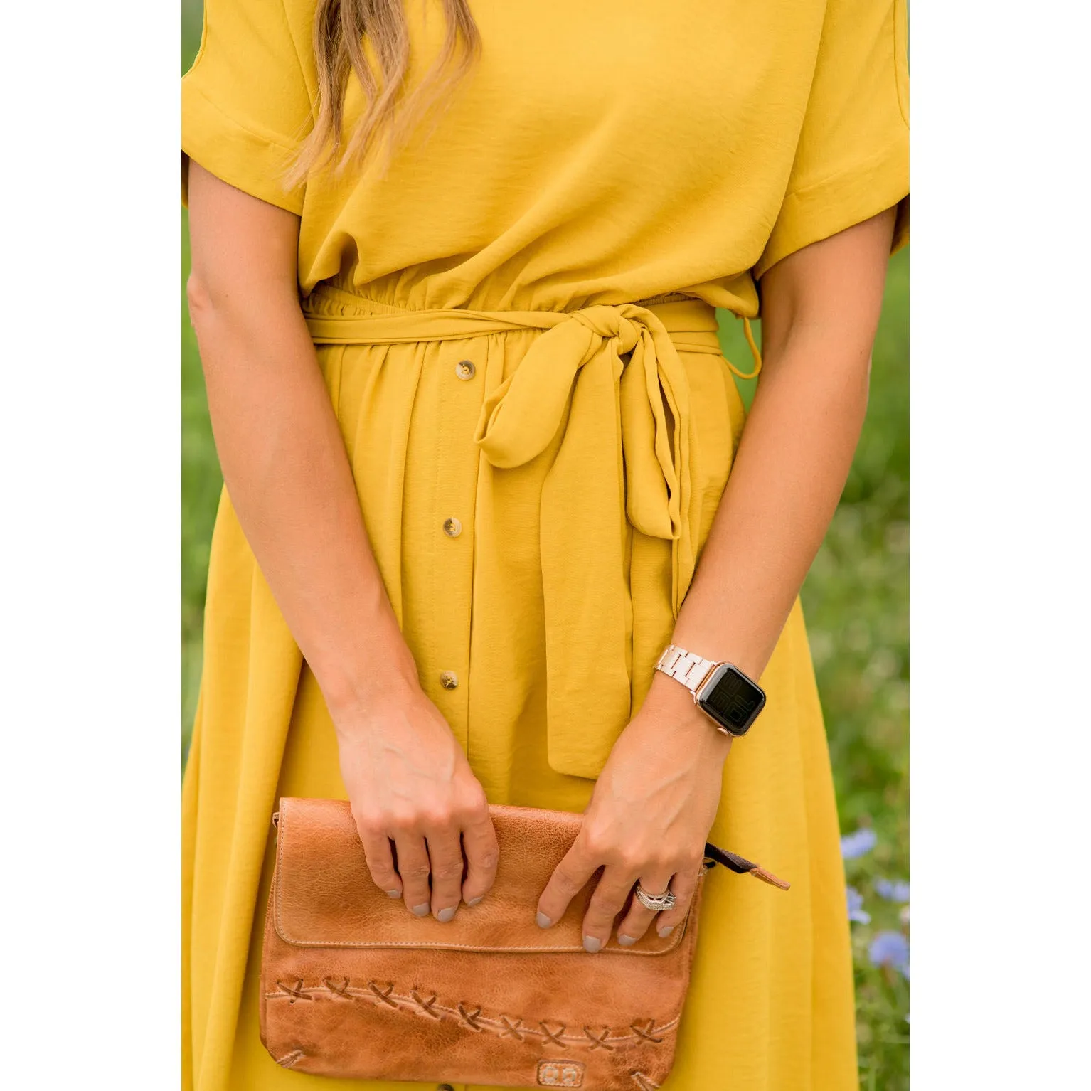 Cuffed Sleeve Tie Button Dress