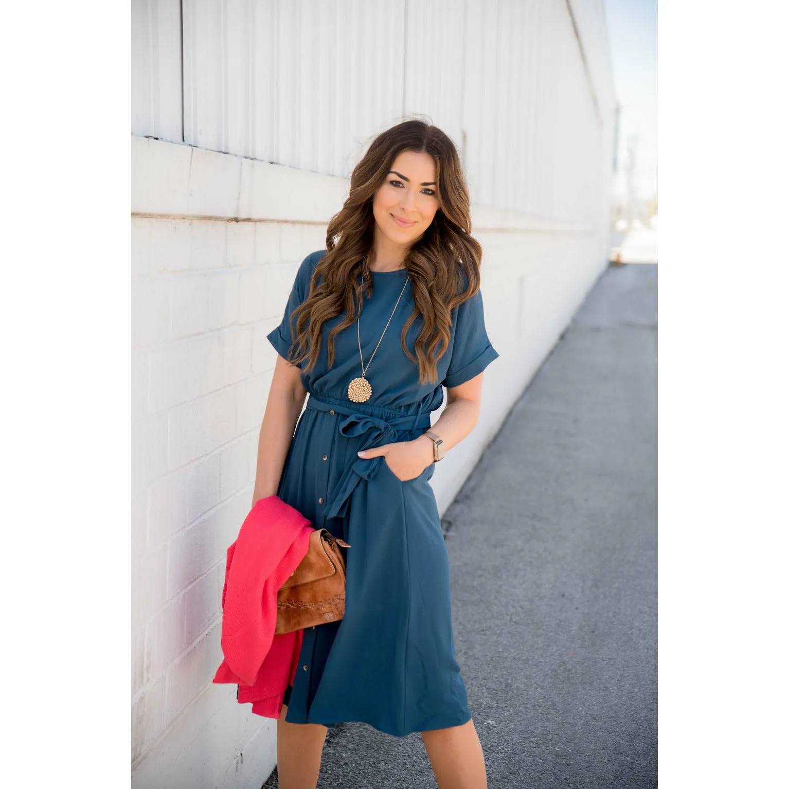 Cuffed Sleeve Tie Button Dress