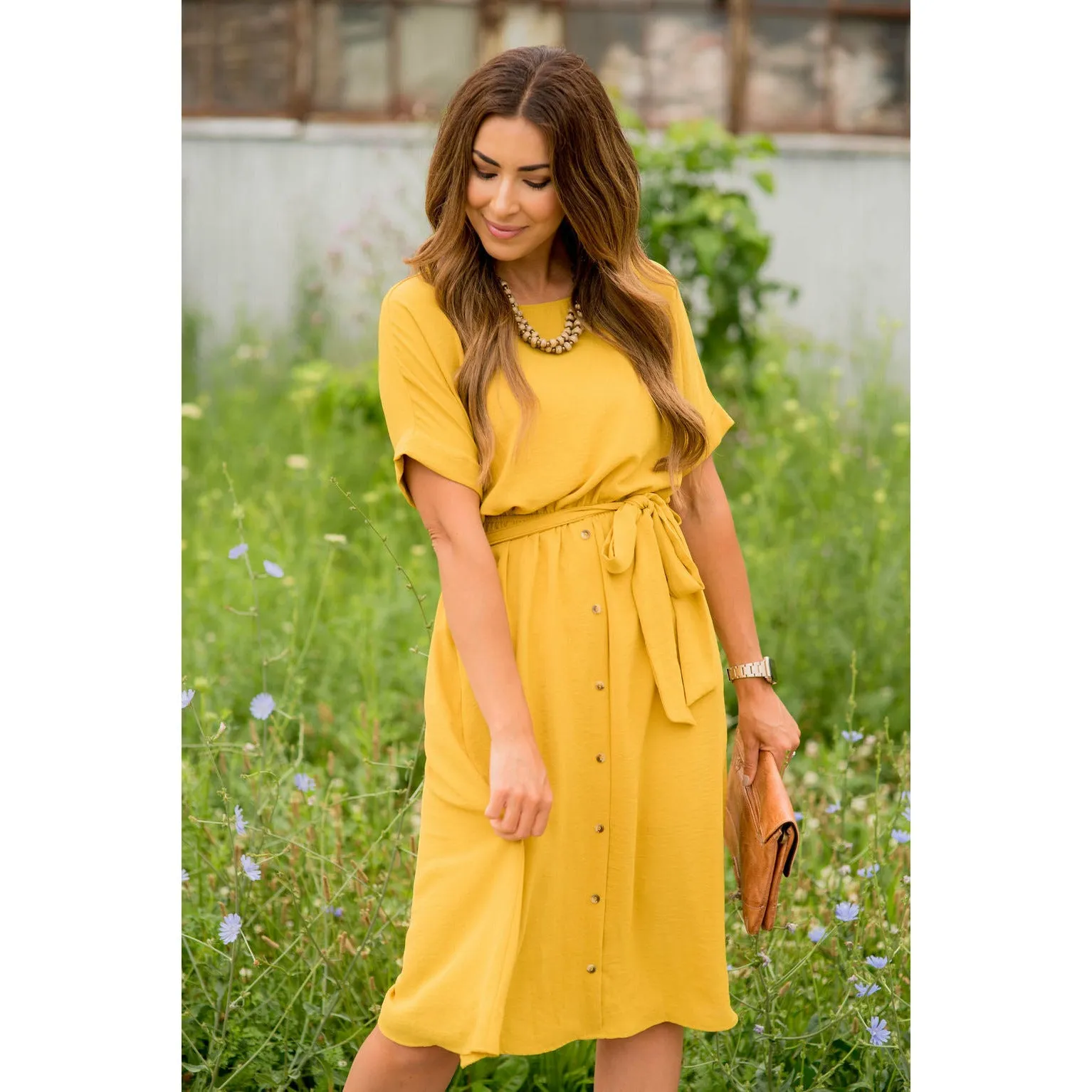 Cuffed Sleeve Tie Button Dress