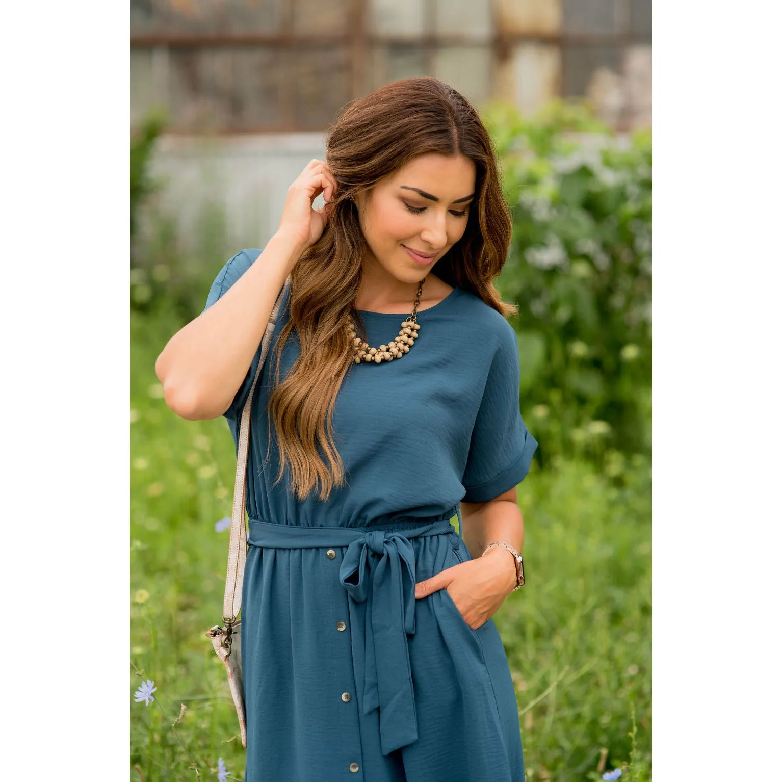 Cuffed Sleeve Tie Button Dress