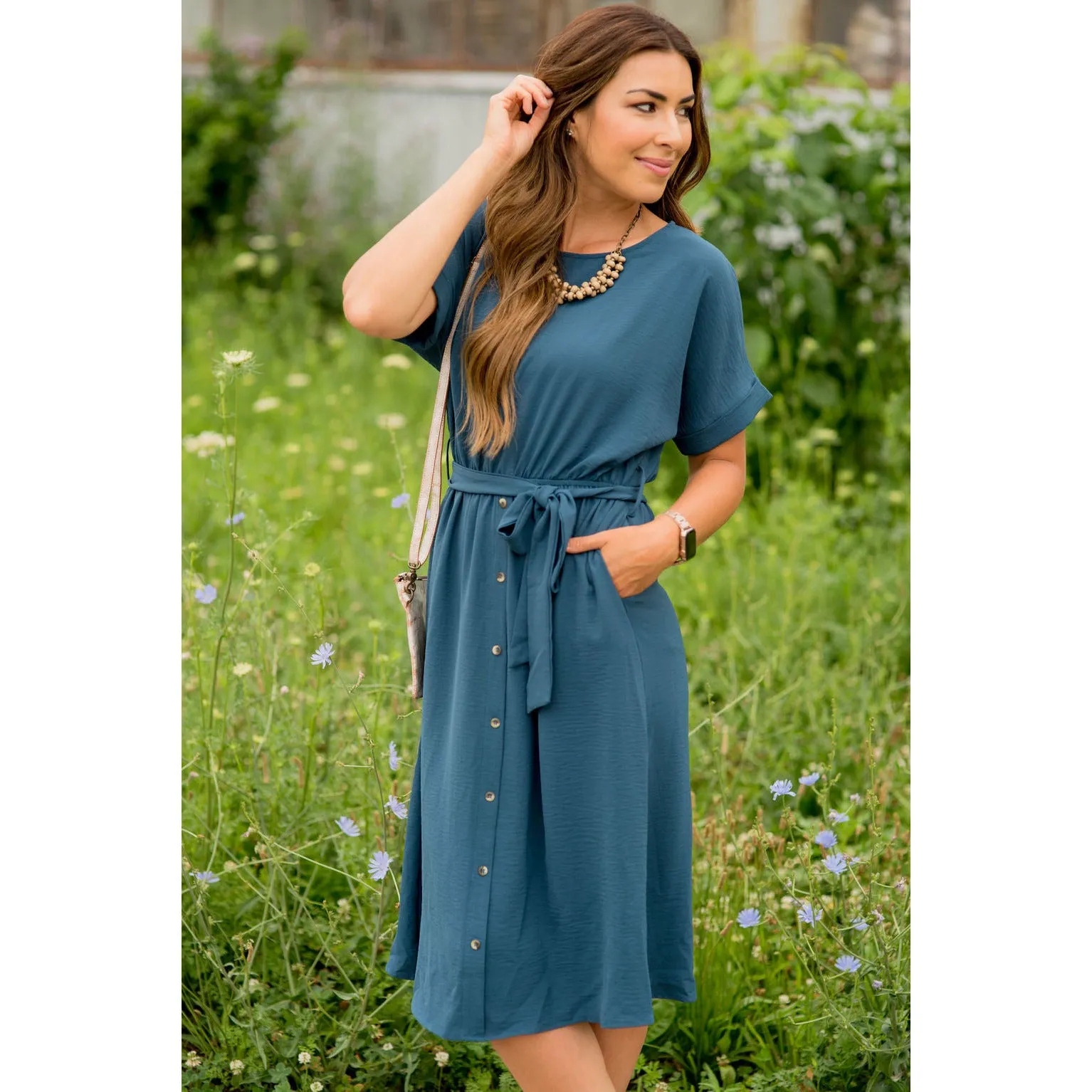 Cuffed Sleeve Tie Button Dress