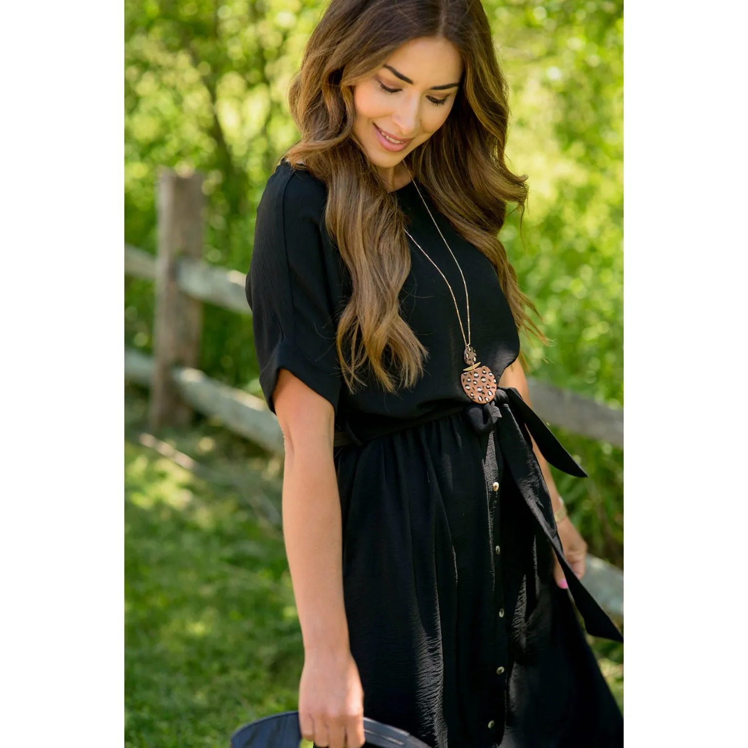 Cuffed Sleeve Tie Button Dress