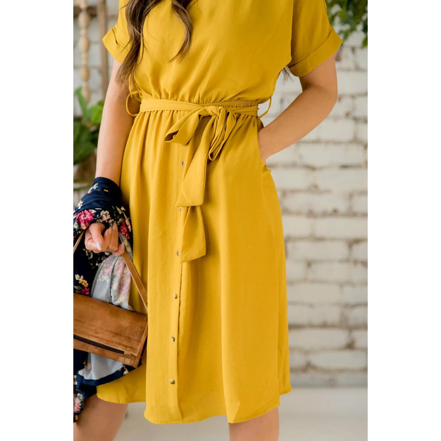 Cuffed Sleeve Tie Button Dress