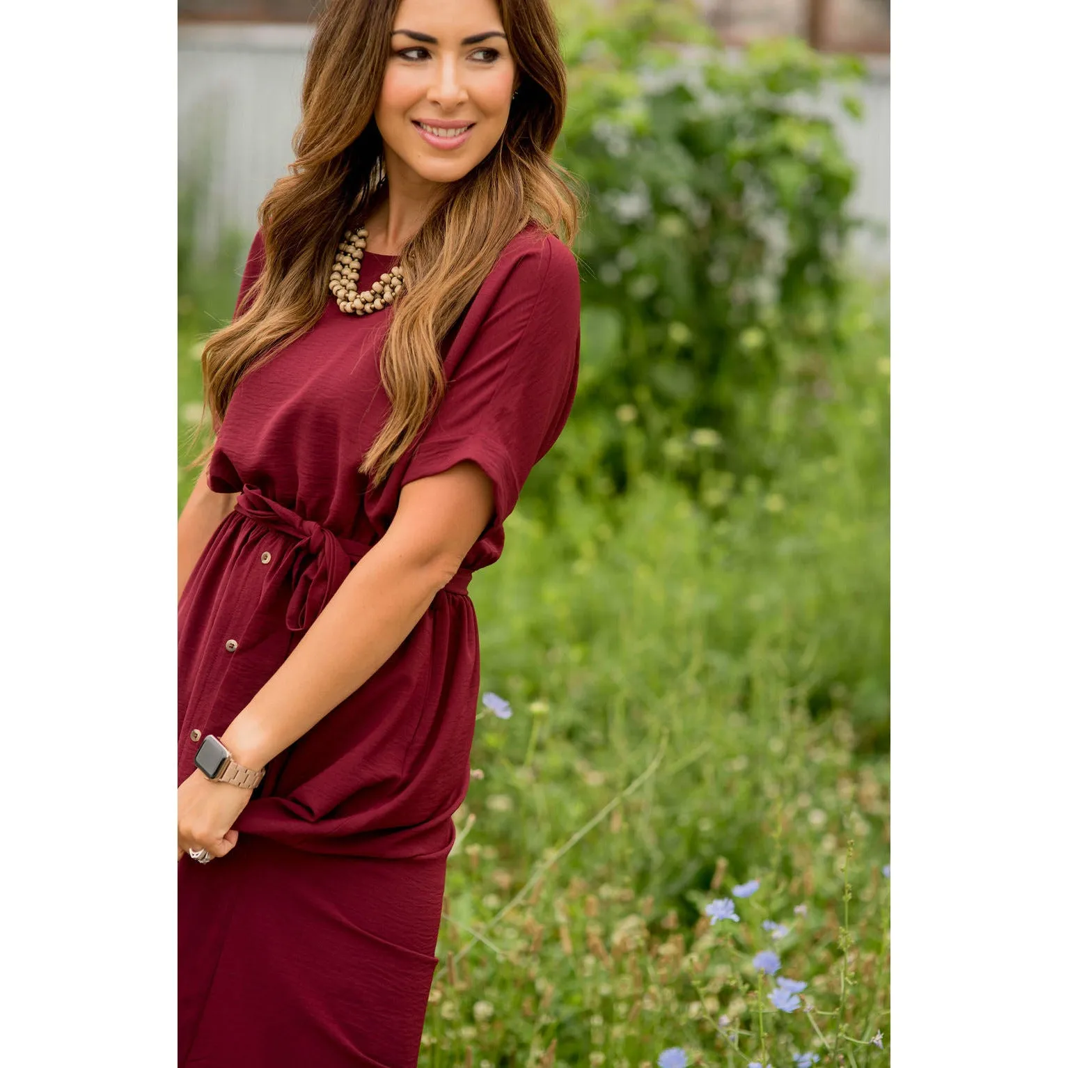 Cuffed Sleeve Tie Button Dress